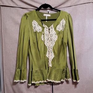 Free People 100% Silk & Lace Green Blouse